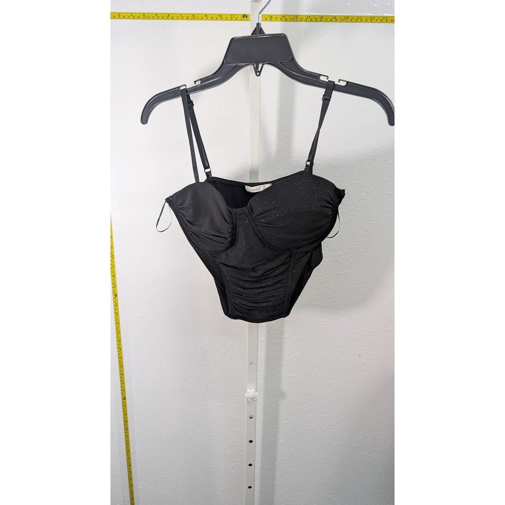 Timing Womens Black Glitter Ruched Corset Crop Top Adjustable Straps Size M